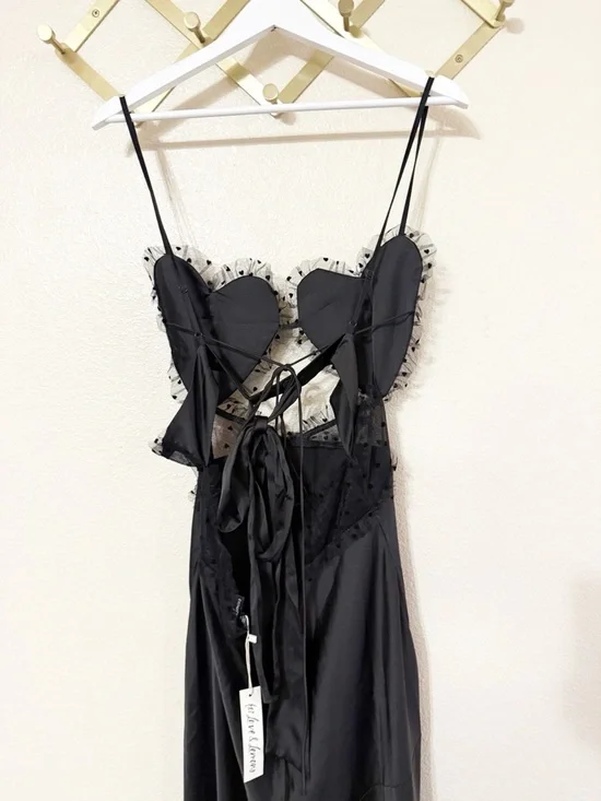 For Love & Lemons Val Heart Cup Dot Tulle Ruffle Satin Black Maxi Dress NEW - Picture 10 of 11